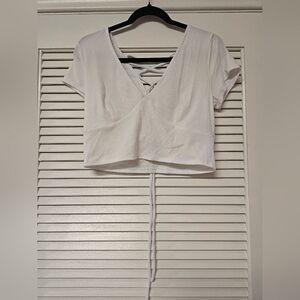 Mixed Threads - White Short-Sleeve Ribbed Lace-Up Back Crop Top